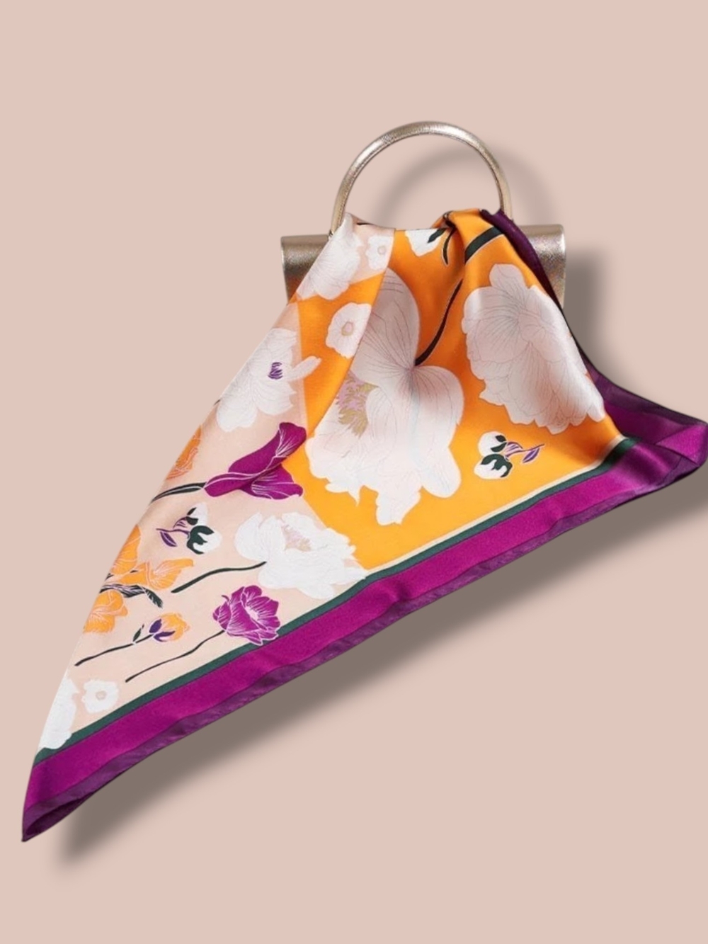 💜 "Orange Sky" Purple, Orange And White Floral Square Scarf - Picture 3 of 6